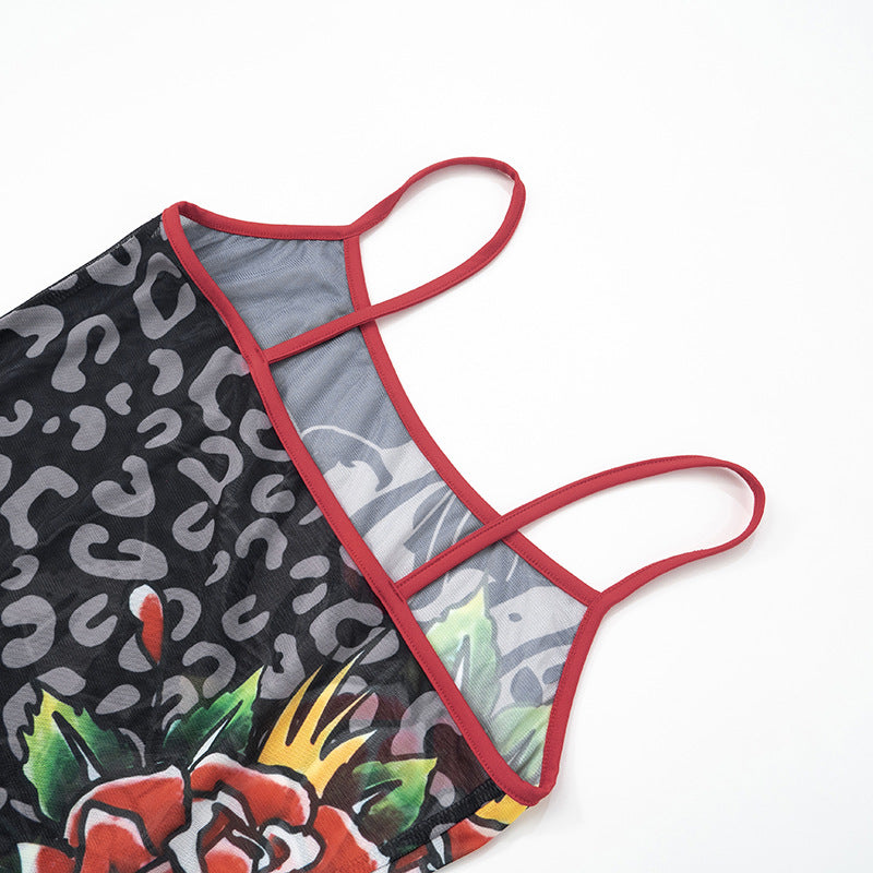 Spring & Summer Women's Strappy Round Neck Floral Print See-Through Mesh Bodycon Dress 18