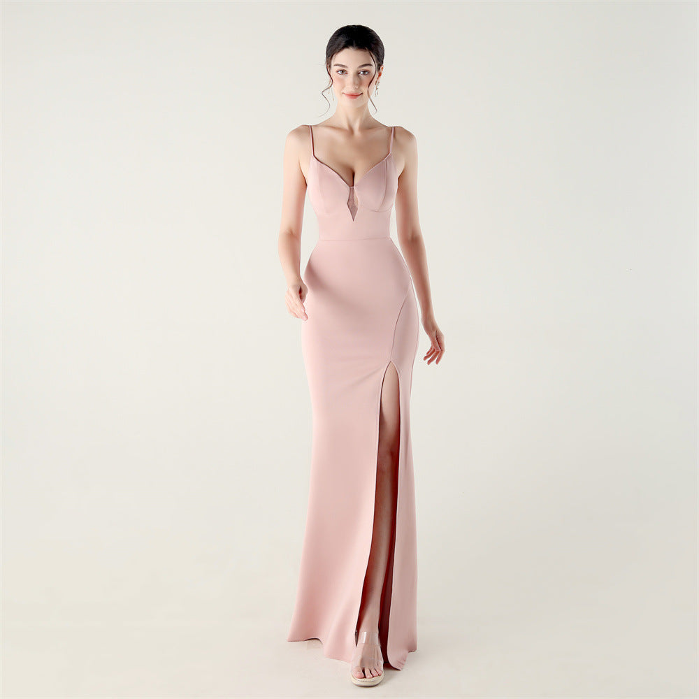 Women fishbone lace-up V neck suspender sexy formal party fishtail evening dress 11