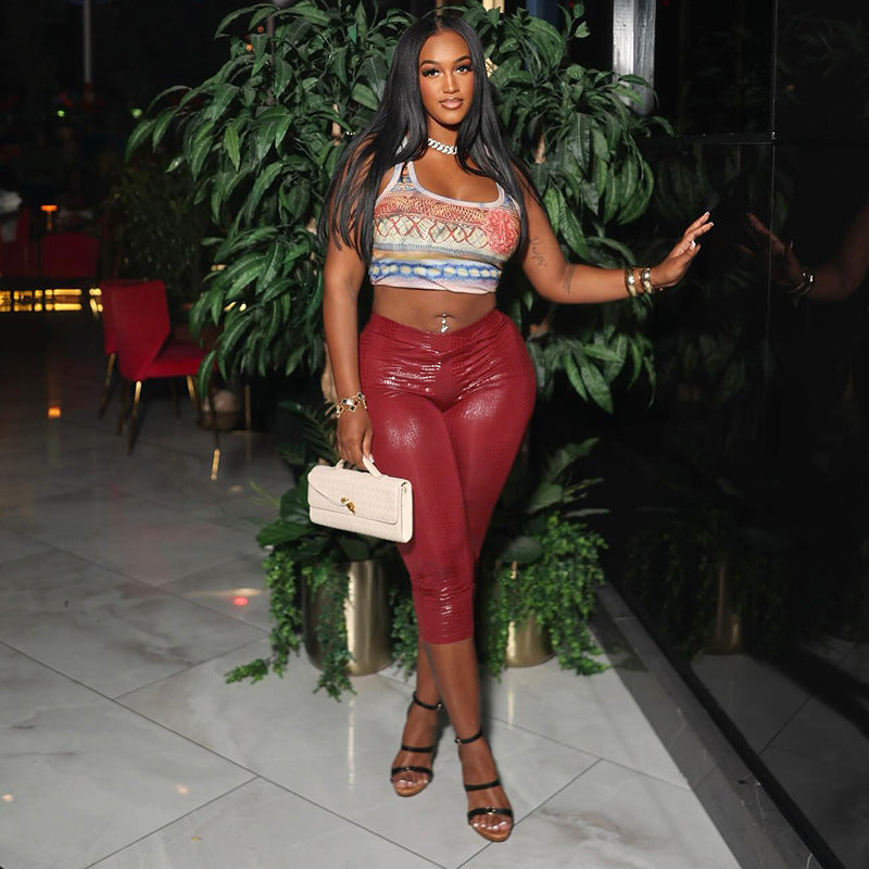 Women Spring and Summer Casual Snake Pattern Solid Cross Cropped Pants 4