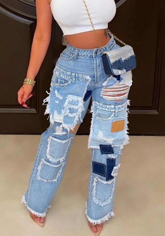 Women's Fashion Street Trend Patchwork Washed Distressed Straight Leg Loose Denim Pants