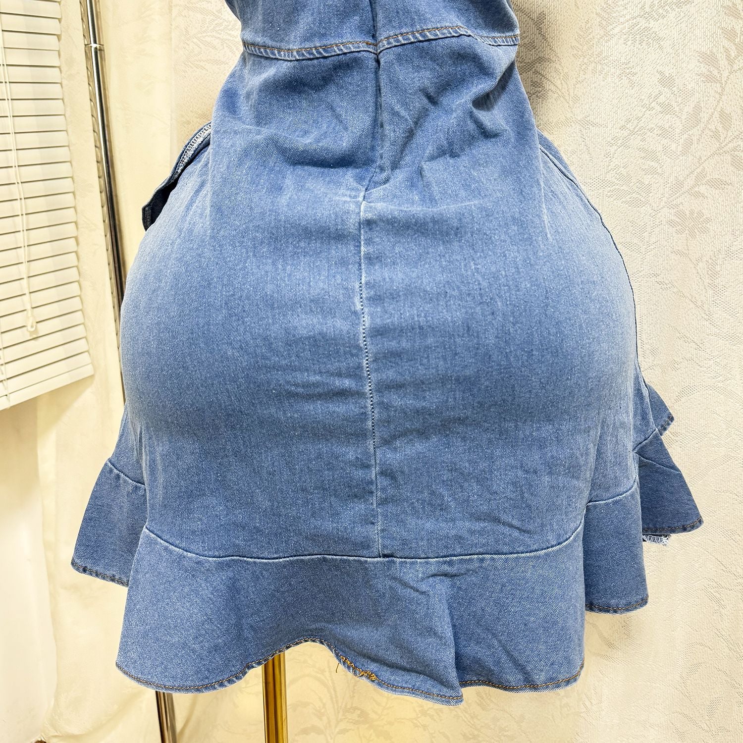 Women's Summer Elastic Slim Waist Sexy Denim Strap Ruffled Bodycon Short Dress 16