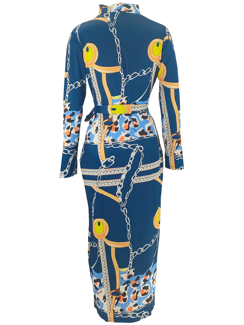 Women's Zipper Printed Long Sleeve Slim Dress With Belt 11