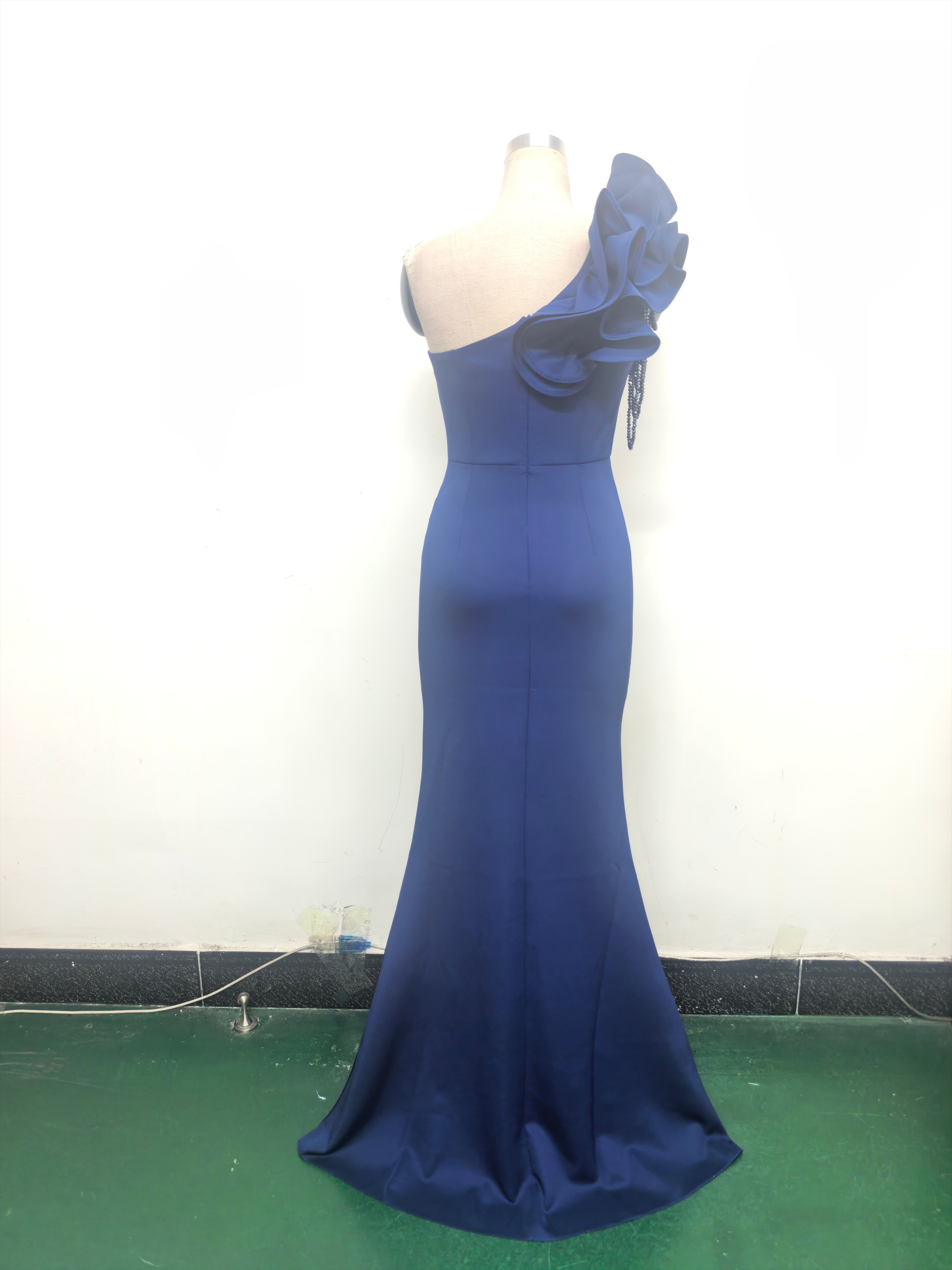 Women One-Shoulder Beaded Wool and Floral Satin Slit Sexy Evening Dress 31