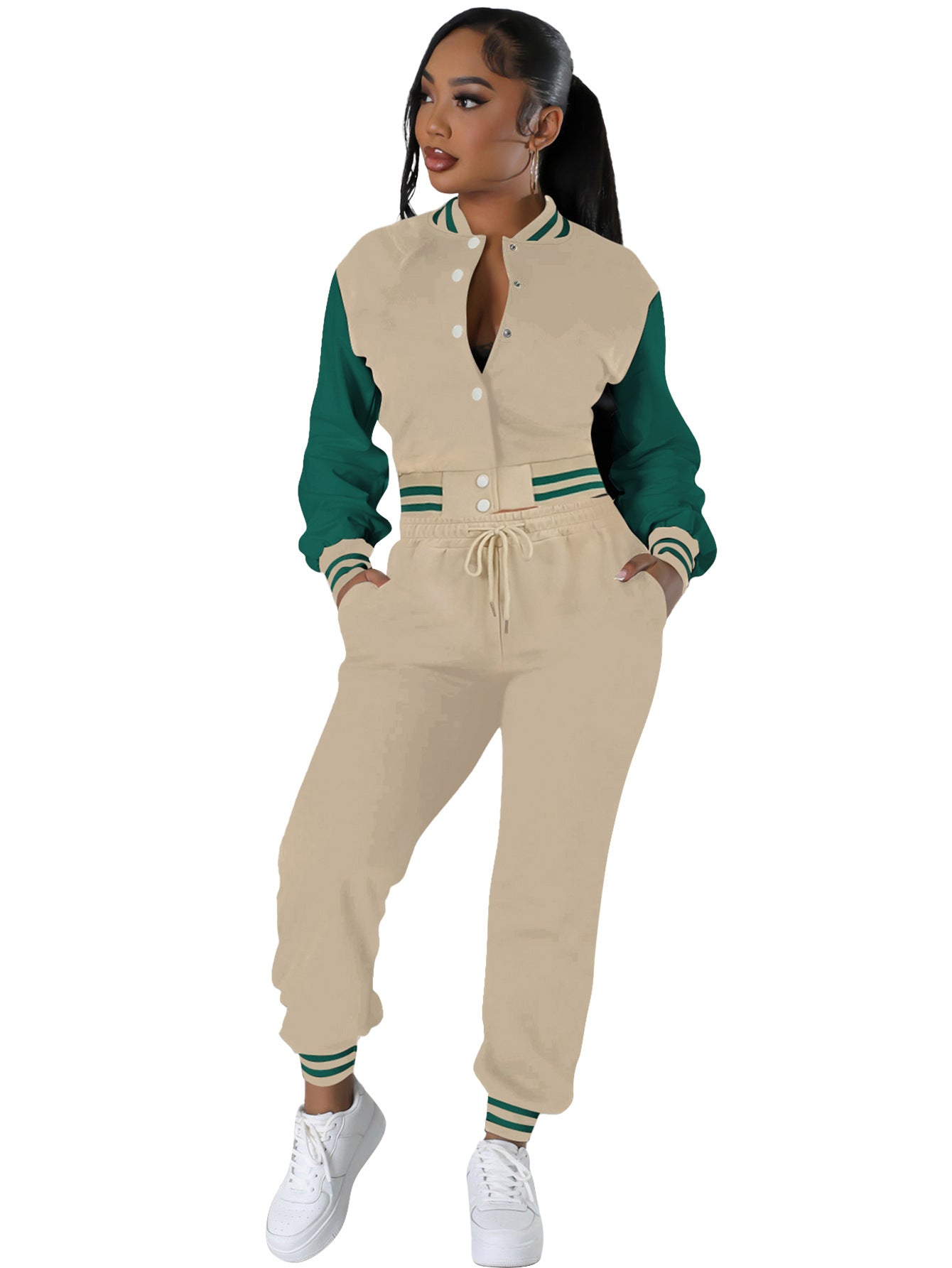 Women Patchwork Baseball Jacket and Pants Two-piece Set 7