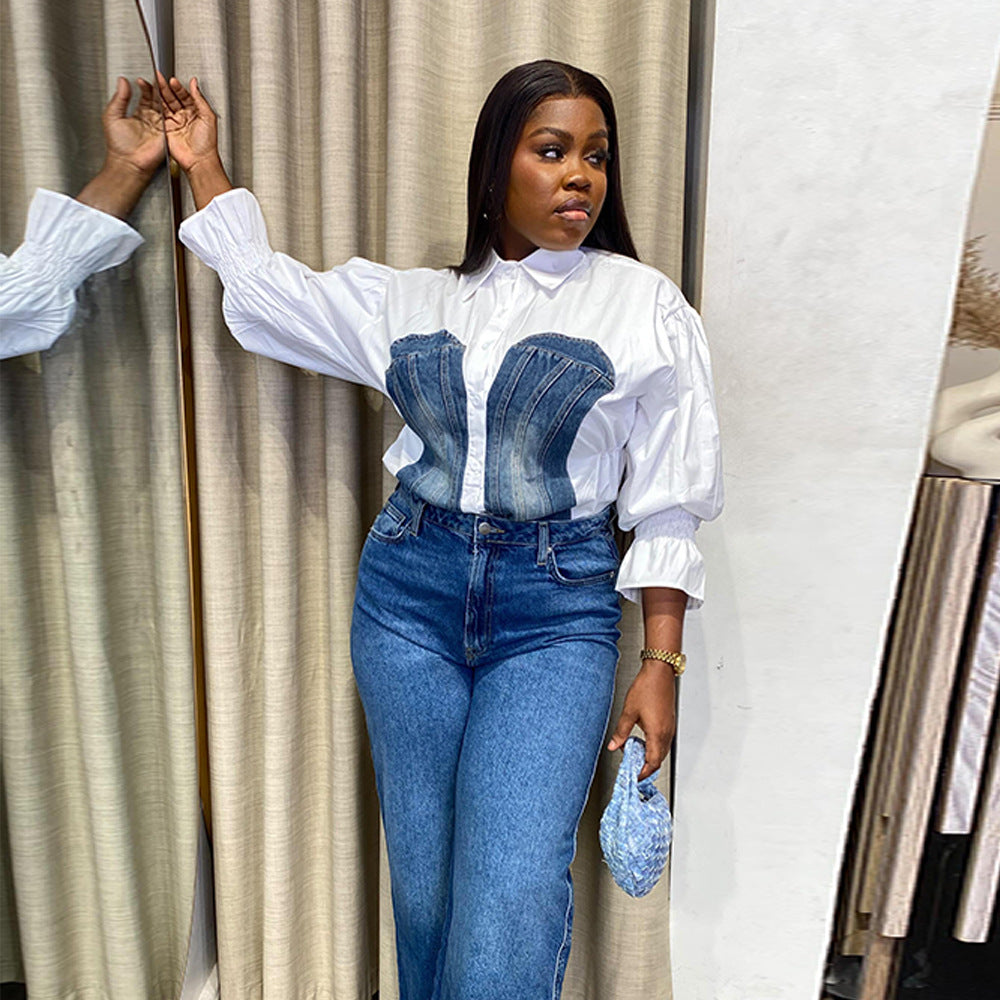 Women's Autumn Denim Patchwork Crop Bell Bottom Sleeve Women's Shirt 3