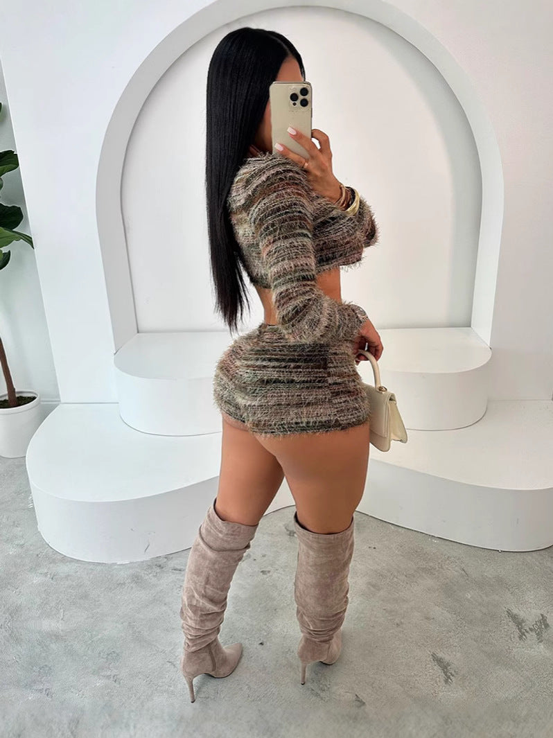 Fashion Women's Spring Summer Fur Crop Lace-Up Long Sleeve Cropped Top Shorts Sexy Two-Piece Set 4