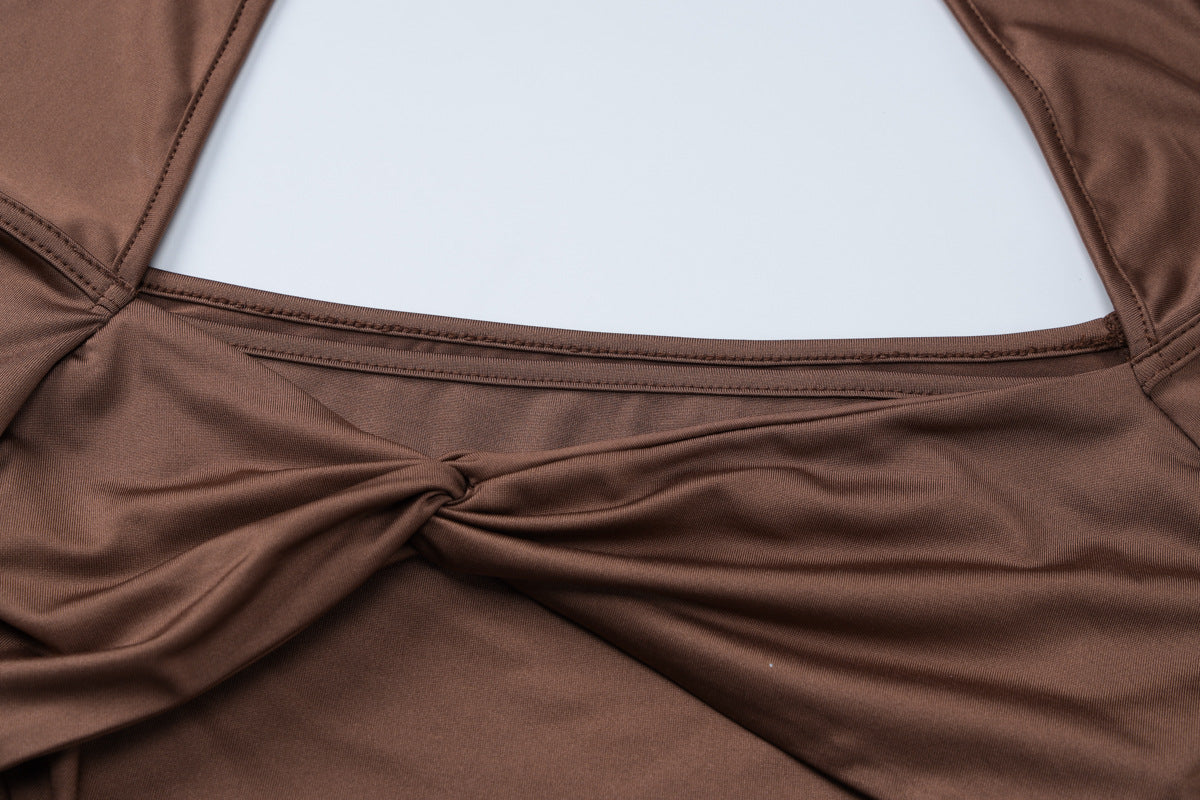 Women's Autumn Long Sleeve Halter Neck Top Pleated Slim Bell Bottom Trousers Fashion Sports Two Piece Set 13