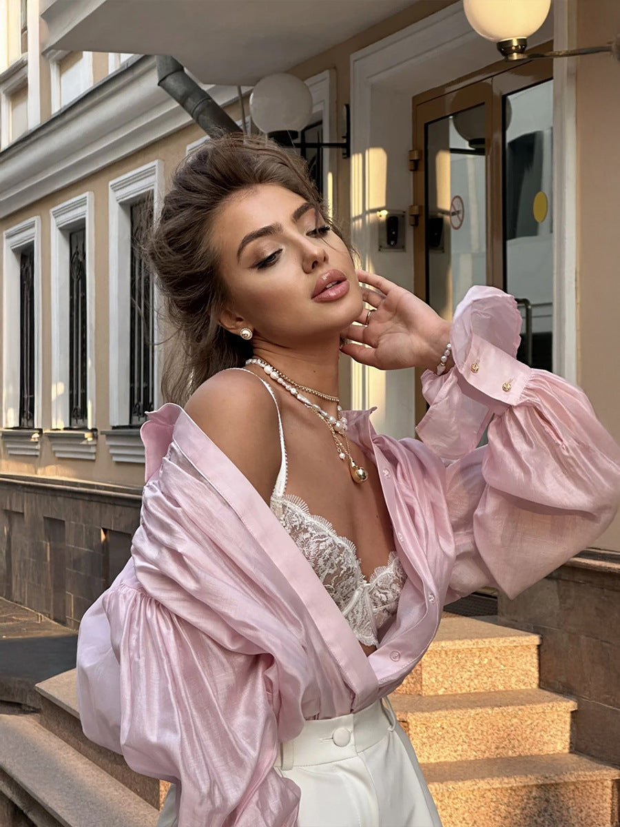 Satin Shirt Women's Lantern Long Sleeve Casual Tops 5