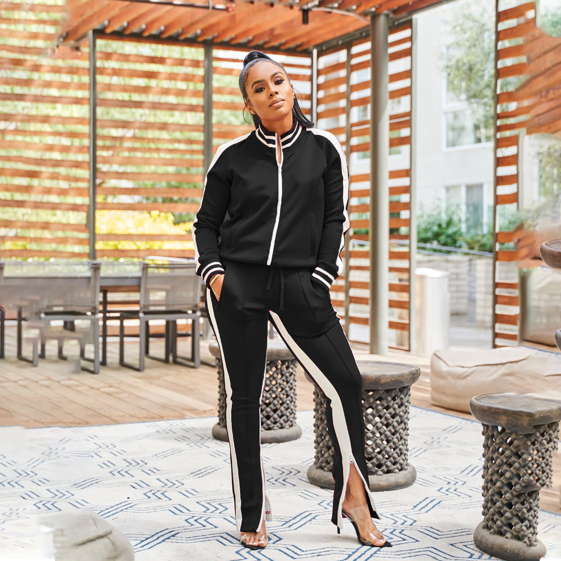 Women Off Shoulder Zipper Long Sleeve Top and Pant Sport Two-Piece Set