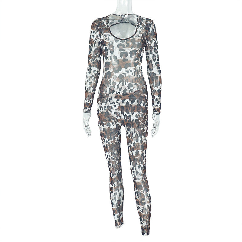 Women Casual Leopard Hollow U-Neck Jumpsuit 8