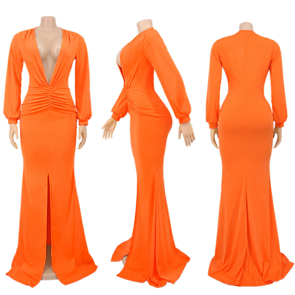 Women Solid V-neck Sexy Slit Long Sleeve Dress 9