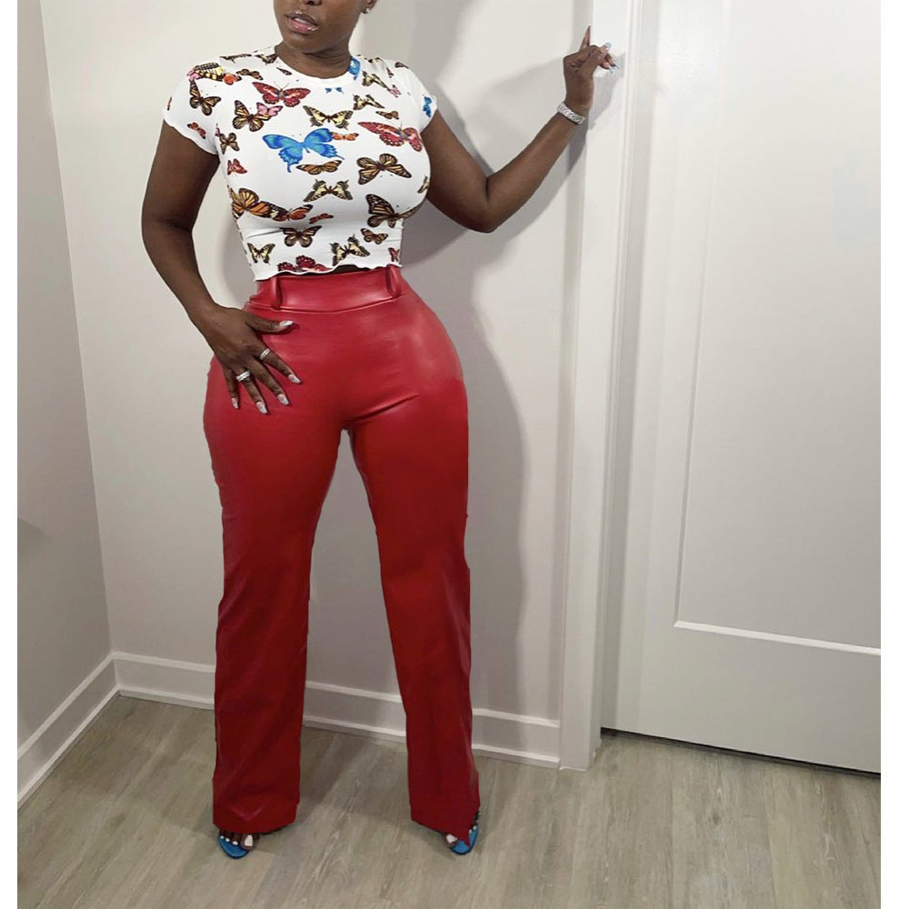 Solid Color Loose Wide-Leg Leather Pants with Back Zipper 5