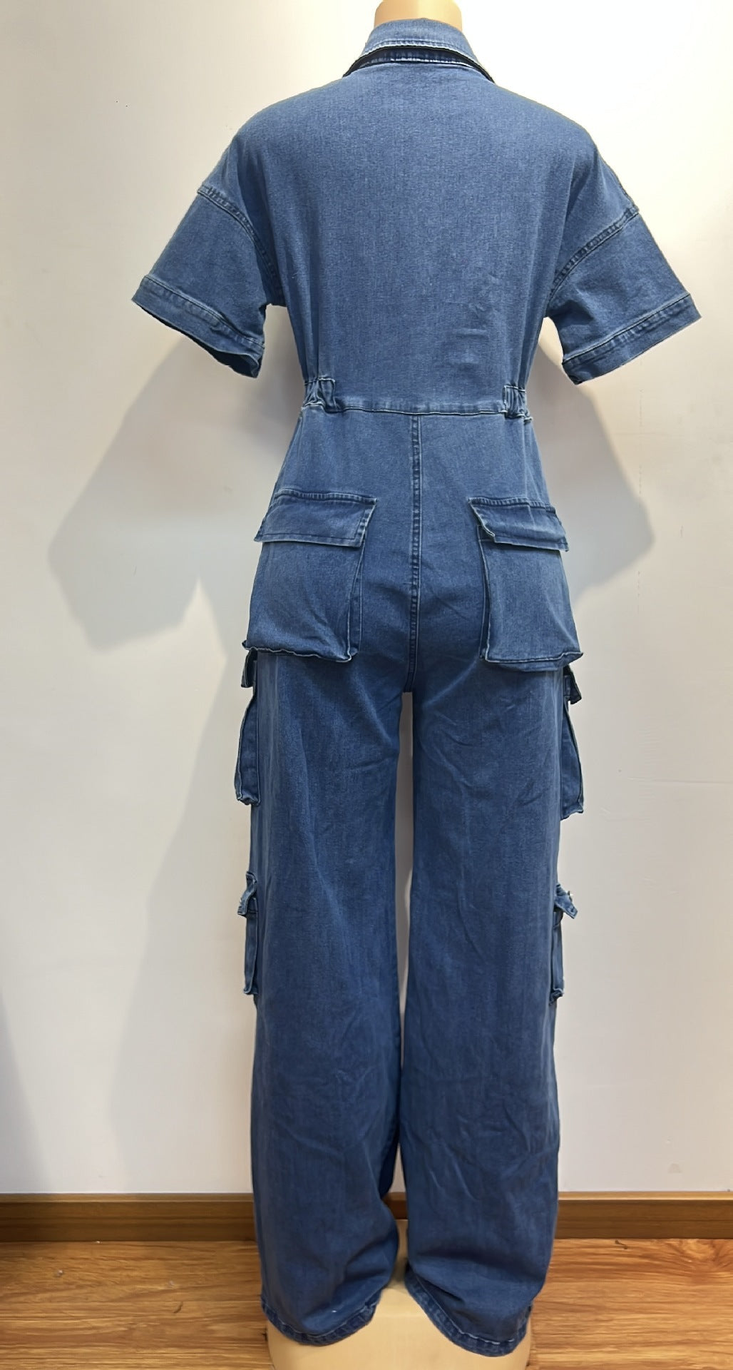 Women Cargo short sleeve Turndown Collar Denim Jumpsuit 6