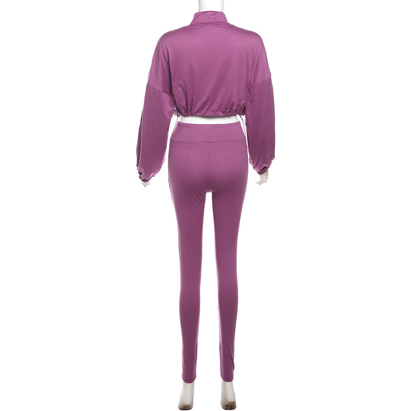 Spring And Autumn Sexy Drawstring Slim Waist Crop Top High Waist Tight Fitting Trousers Two Piece Set 19