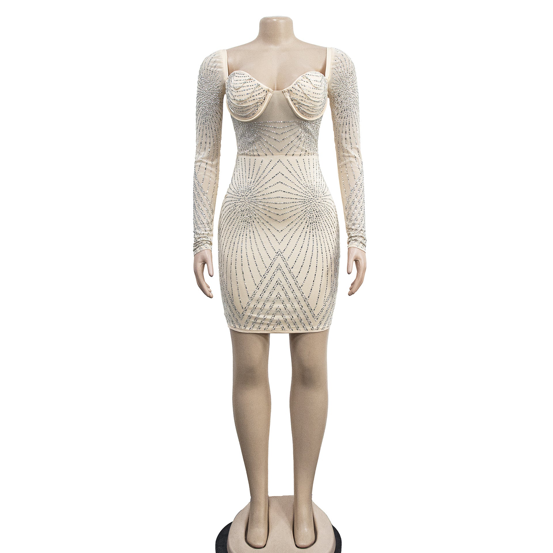 Women's Fashion Solid Color Mesh Beaded Long Sleeve Dress 13