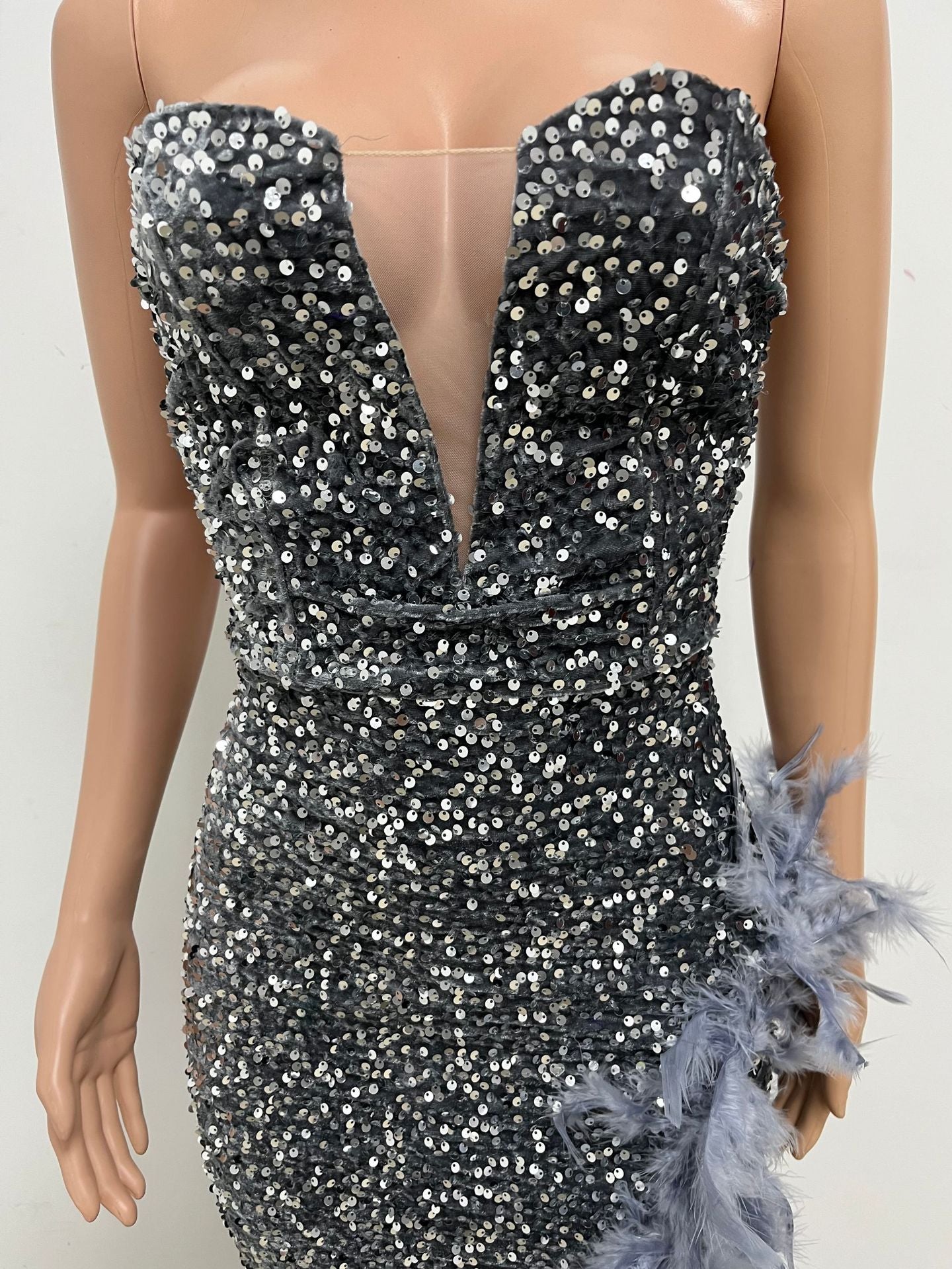 Women Sexy Off Shoulder Backless Sequin Feather Dress 62