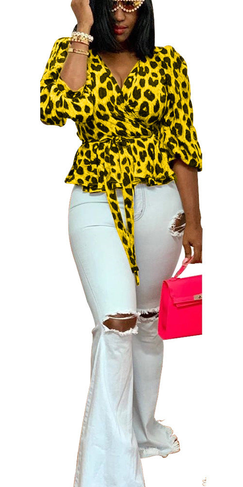 Women Casual Leopard V-neck Lace-Up Top 6