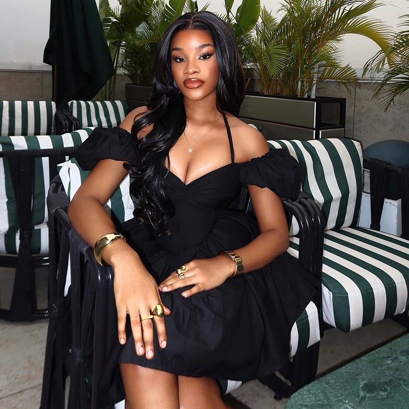 Women's Elegant Chic Solid Slim-Waist Pleated Halter Neck V-Neck Short Dress 3