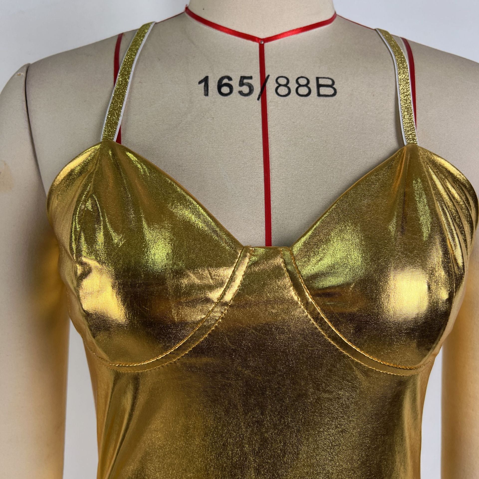 Women autumn shiny strapless sexy bodycon irregular strap Dress 11