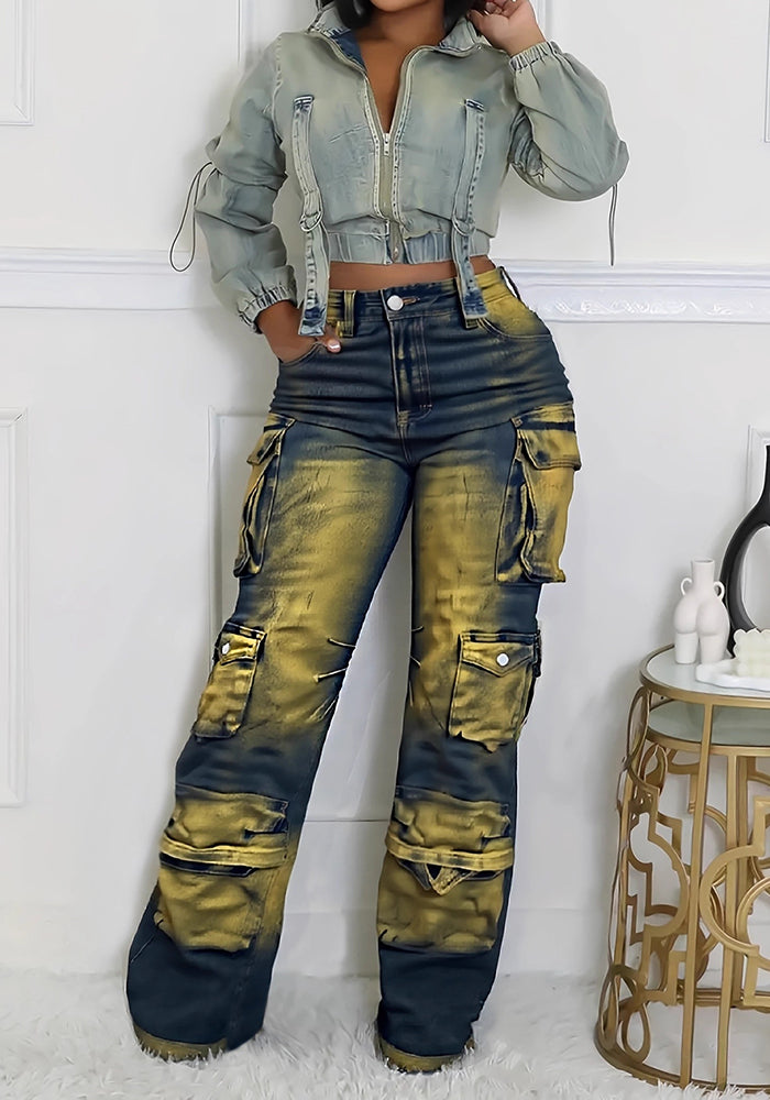 Women American Retro Cargo Tie-Dye Wide-Leg Pants