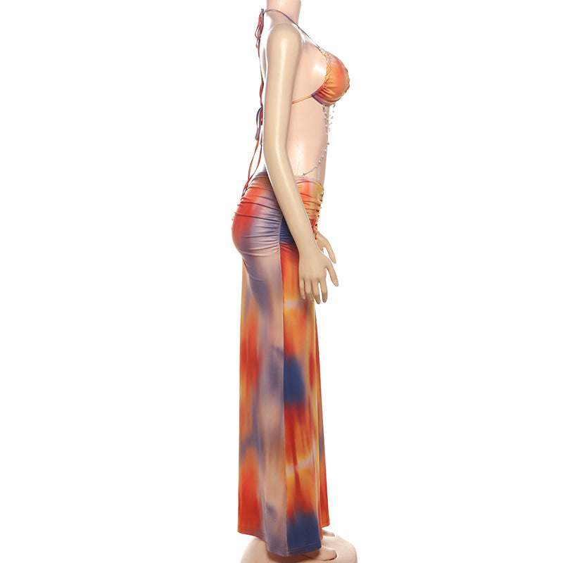 Women's Spring Halter Neck Tie Beaded Chain Slim Low Back Sexy Dress 20