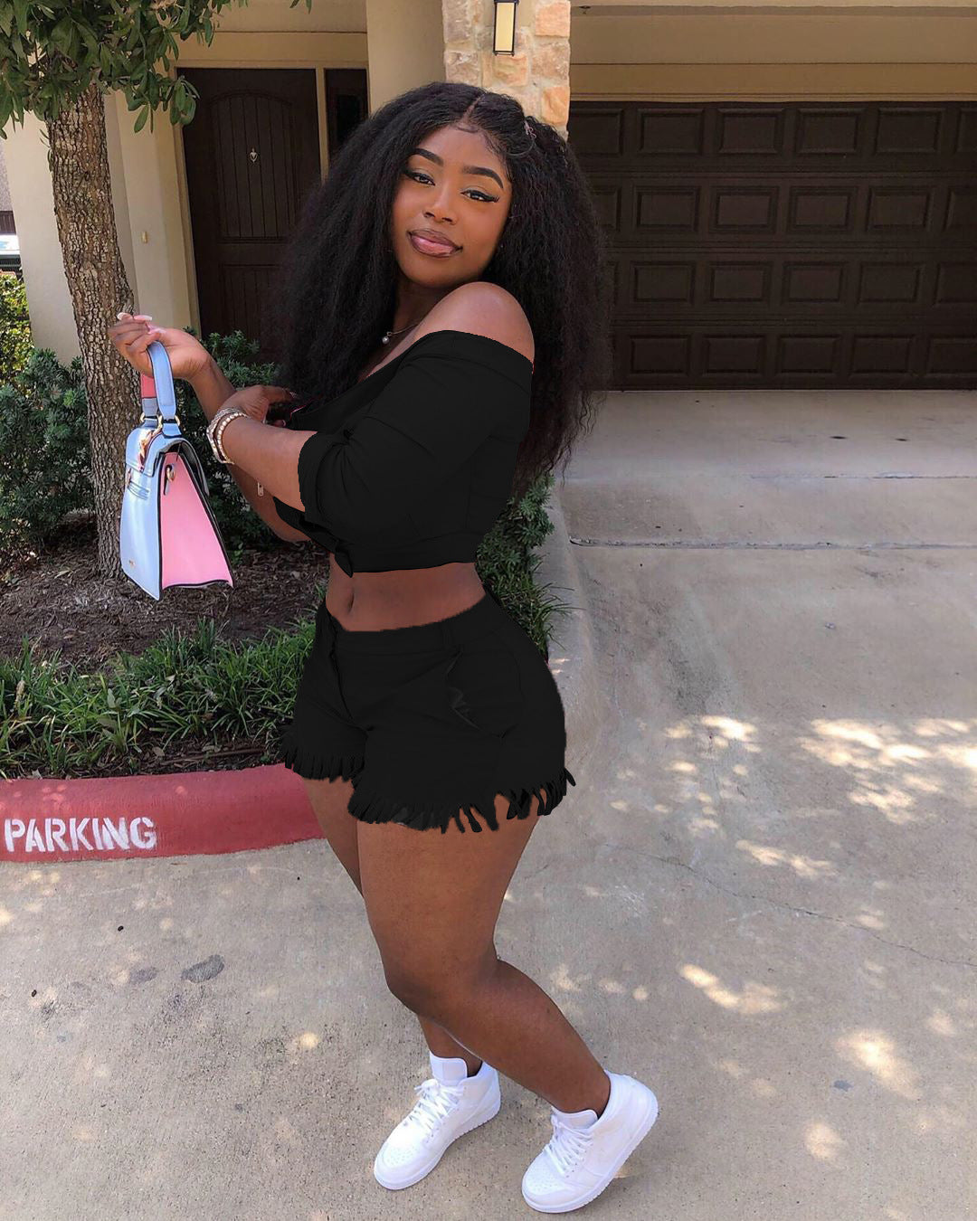 Women's Clothing High Stretch Off Shoulder Two-Piece Shorts Set 10