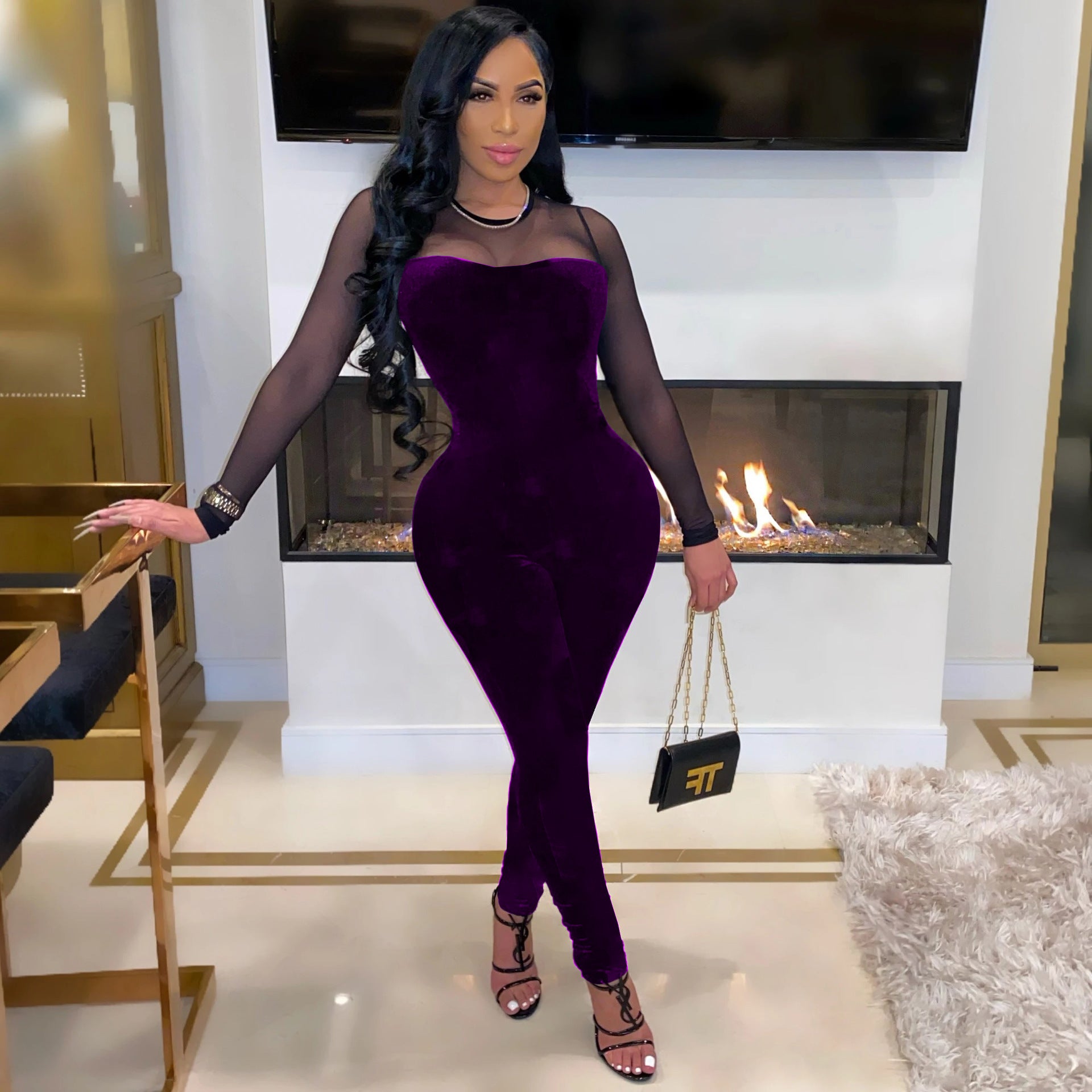 Women Sexy Solid Mesh Patchwork Zip Jumpsuit 5