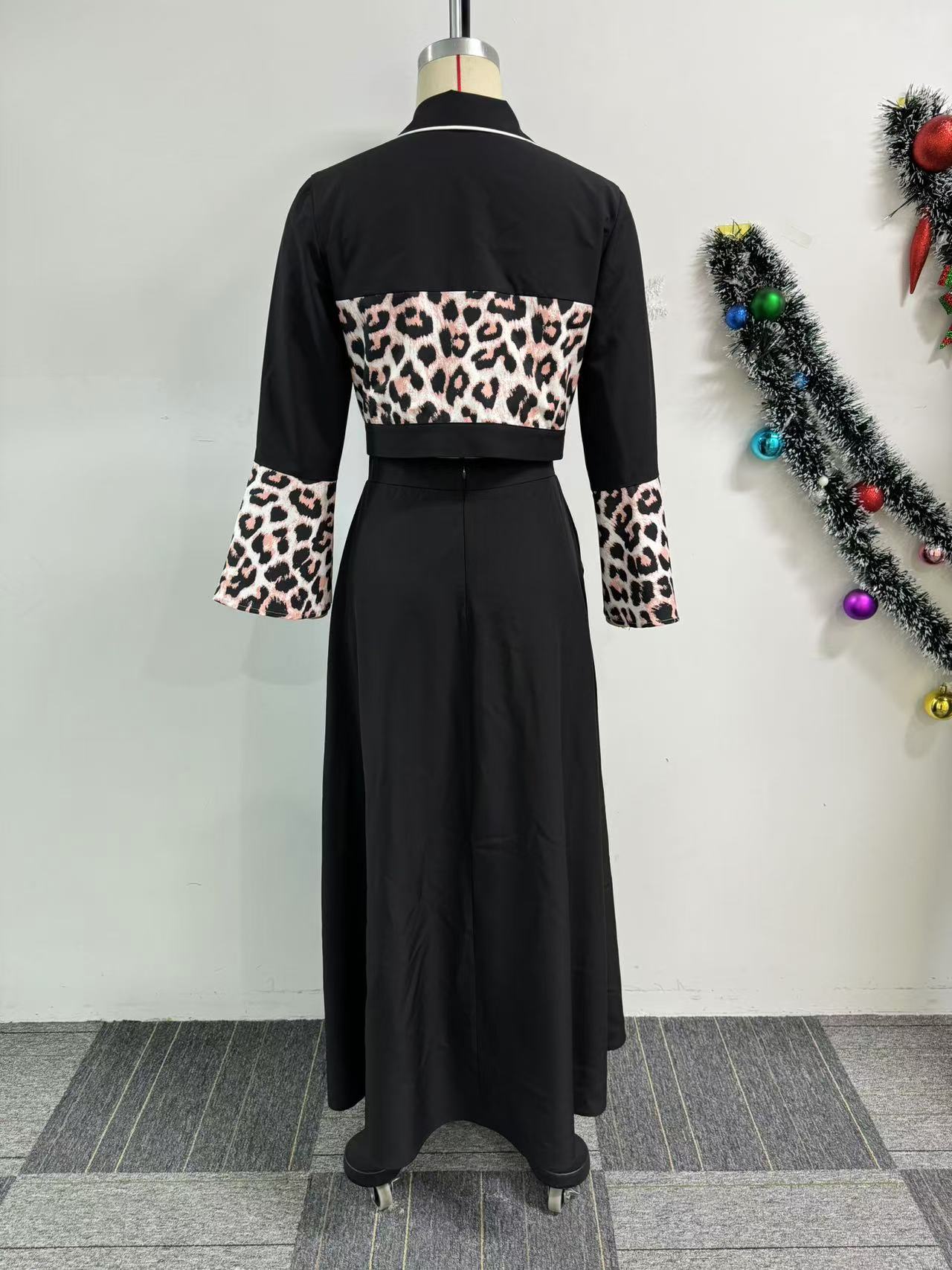 Sexy Leopard Print Patchwork Top Long Skirt Two-Piece Set 7