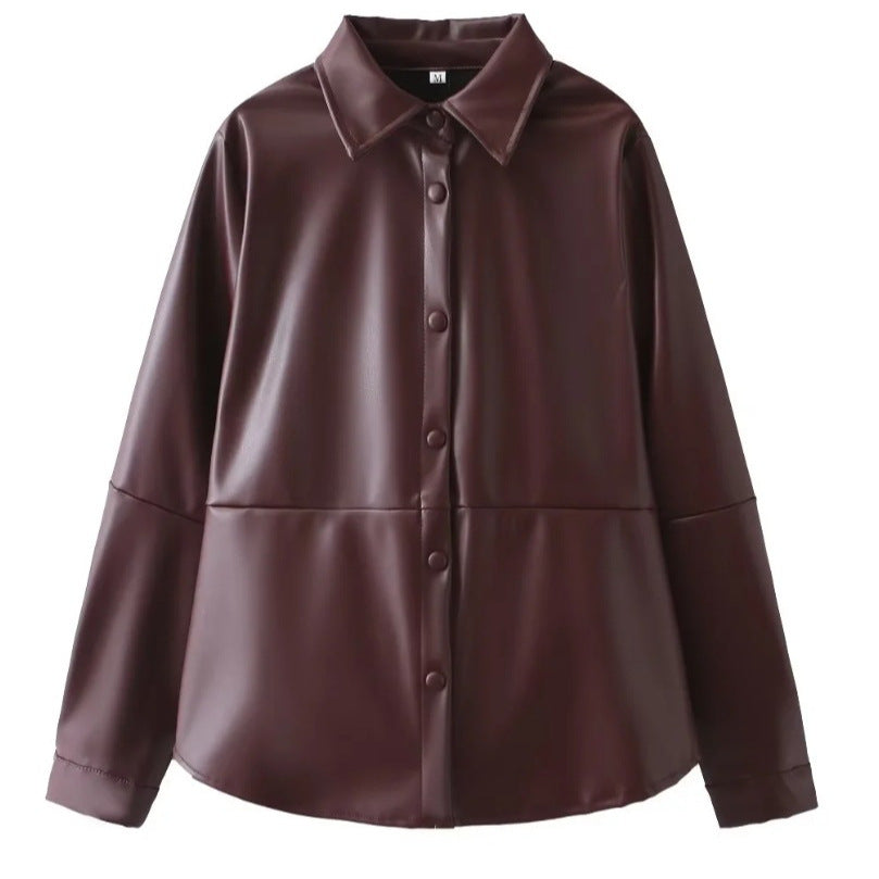 Women's Turndown Collar Button Pu Jacket Mini Skirt Two-Piece Set 7