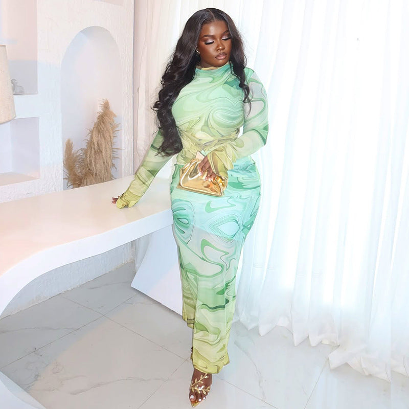 Chic Printed Women's Slim Fit High Neck Long Sleeve Bodycon Dress