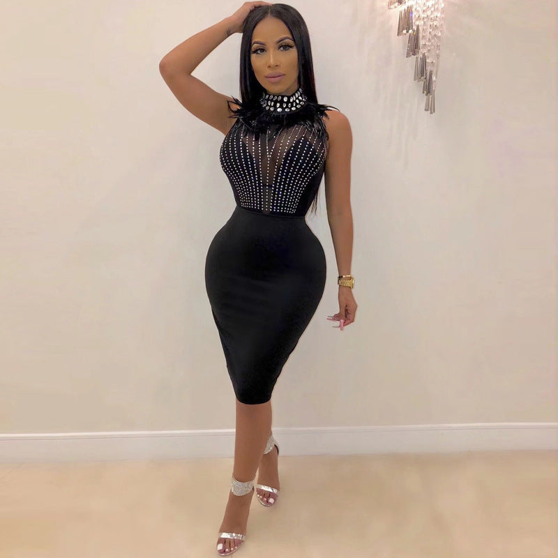 Women's Sexy See-Through Turtleneck Beaded Sleeveless Party Dress