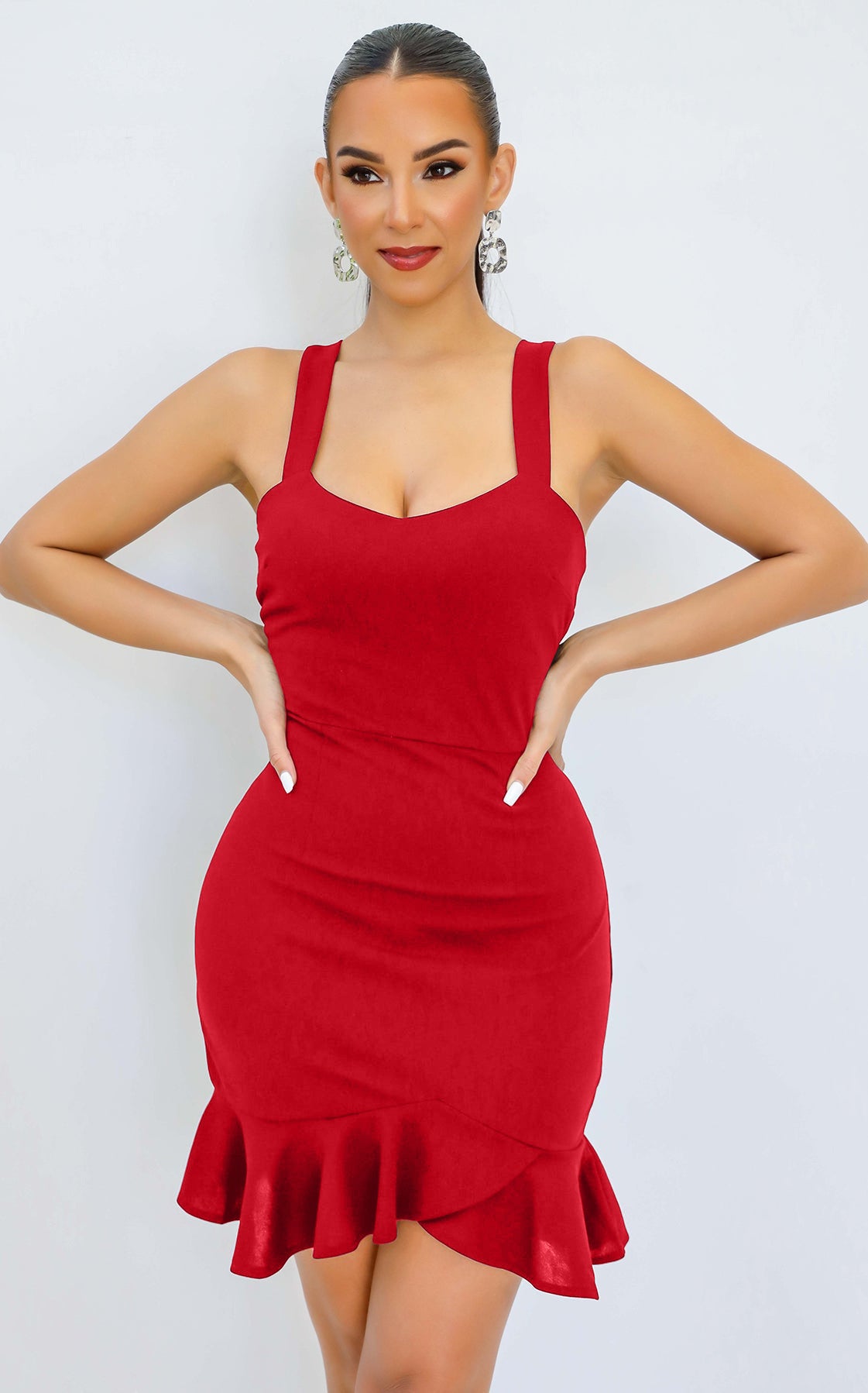 Fashion Solid Color Straps Ruffle Bodycon Dress 4