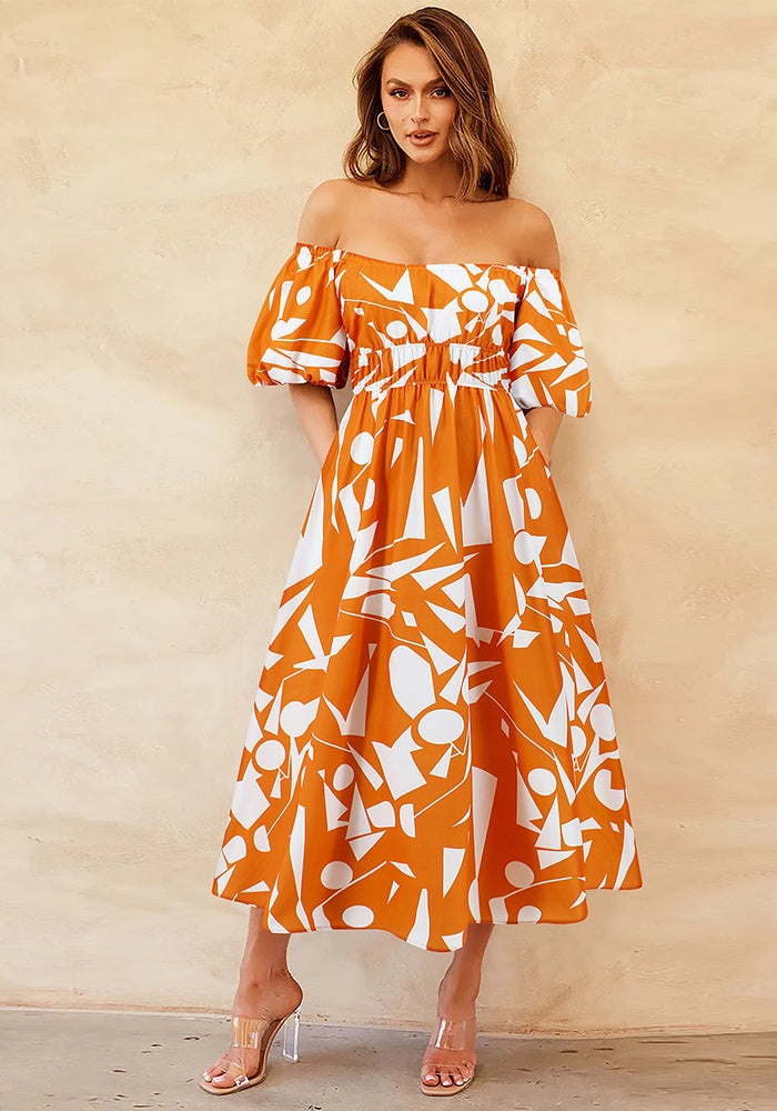 Sexy Off Shoulder Puff Sleeve Printed Casual Fashion Swing Chic Dress