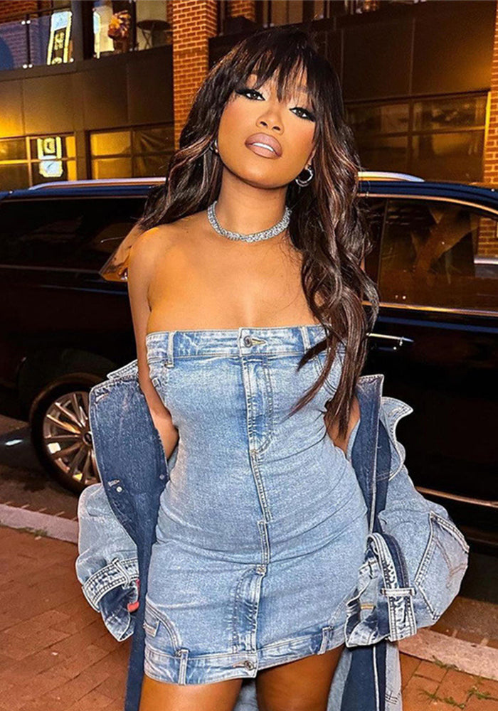 Summer Women Denim Strapless Slim Waist Slim Fit Sexy Bodycon Dress