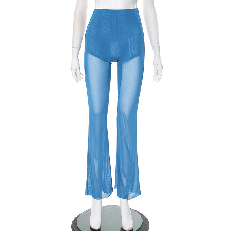 Summer Sexy Slim See-Through Mesh Mid-waist Flared Casual Pants 5