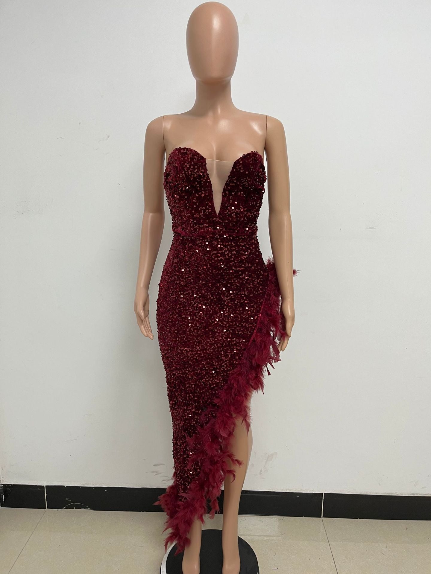 Women Sexy Off Shoulder Backless Sequin Feather Dress 48
