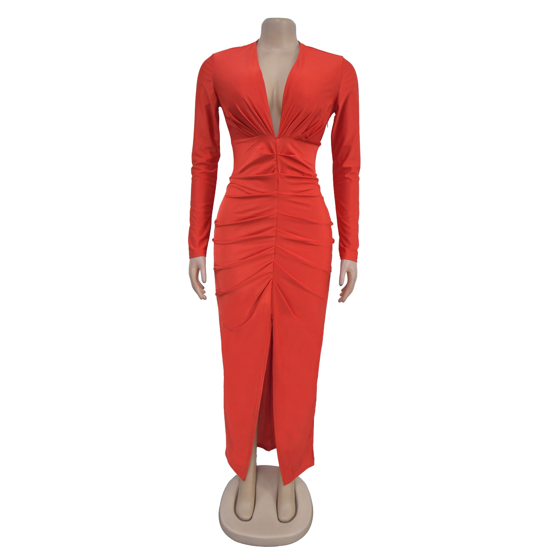 Women V-Neck Slit Solid Dress（customized,MOQ 6pcs/size/color,process time 7-10 days） 12