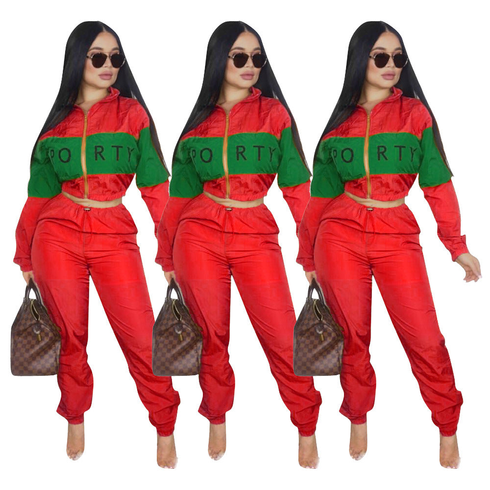 Women's Letter Print Color Block Patchwork Trench Hoodies Pants Set 5