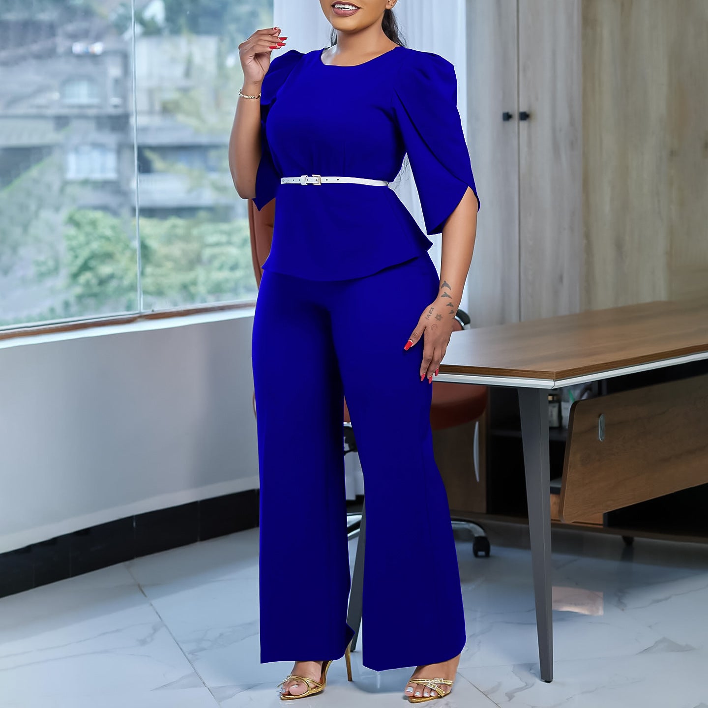 Women Elegant Solid Top and Wide Leg Pants Two-Piece Set 4