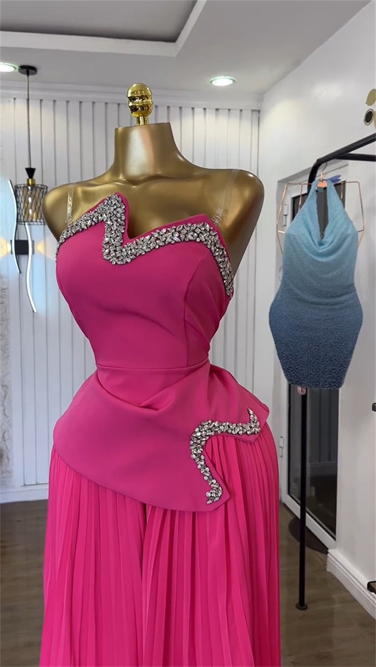 Women's Summer Strapless Crystal-Embellished Asymmetrical Top & Pleated Wide-Leg Pants Set 4