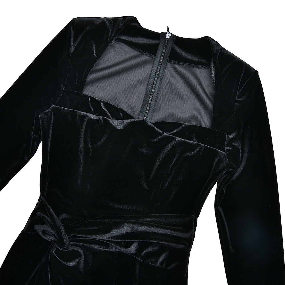 Spring Elegant Long Sleeve Velvet Slit Pleated Square Neck Long Dress 13