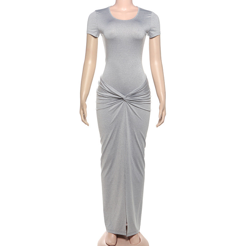 Spring Women Solid Round Neck Short Sleeve Bodysuit Sexy Slit Skirt Two-Piece Set 7