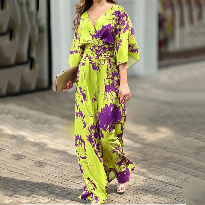 Summer Women's Fashionable And Elegant Print Bat Sleeves Slim Waist V-Neck Jumpsuit 8