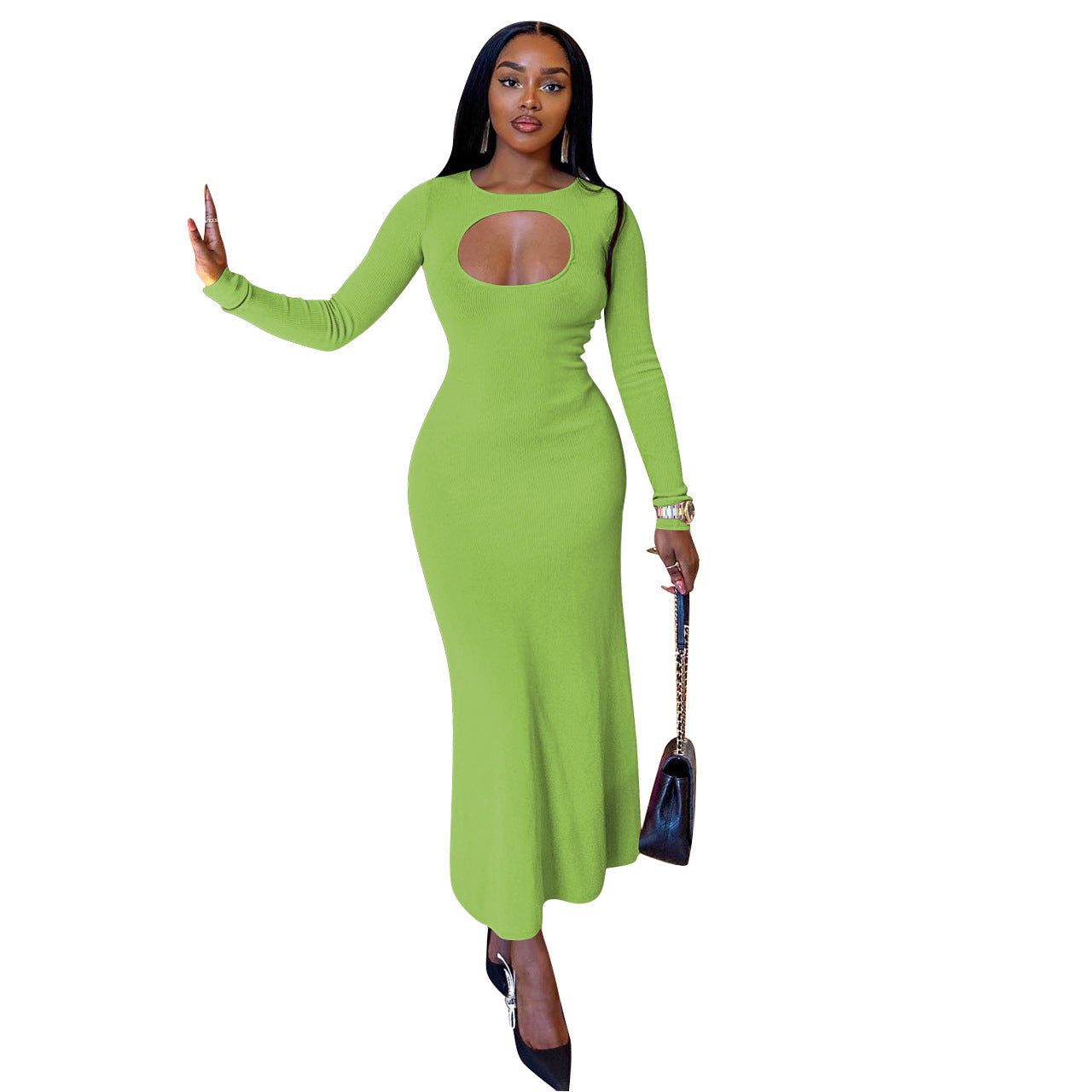 Women's Clothing Sexy Fashion Keyhole Solid Long Sleeve Dress Women's Clothing 10