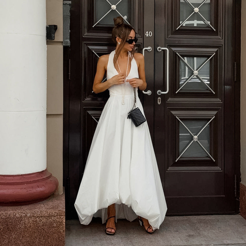 White Sexy Sleeveless Halter Neck Dress Fashion A-Line Maxi Dress for Women 3