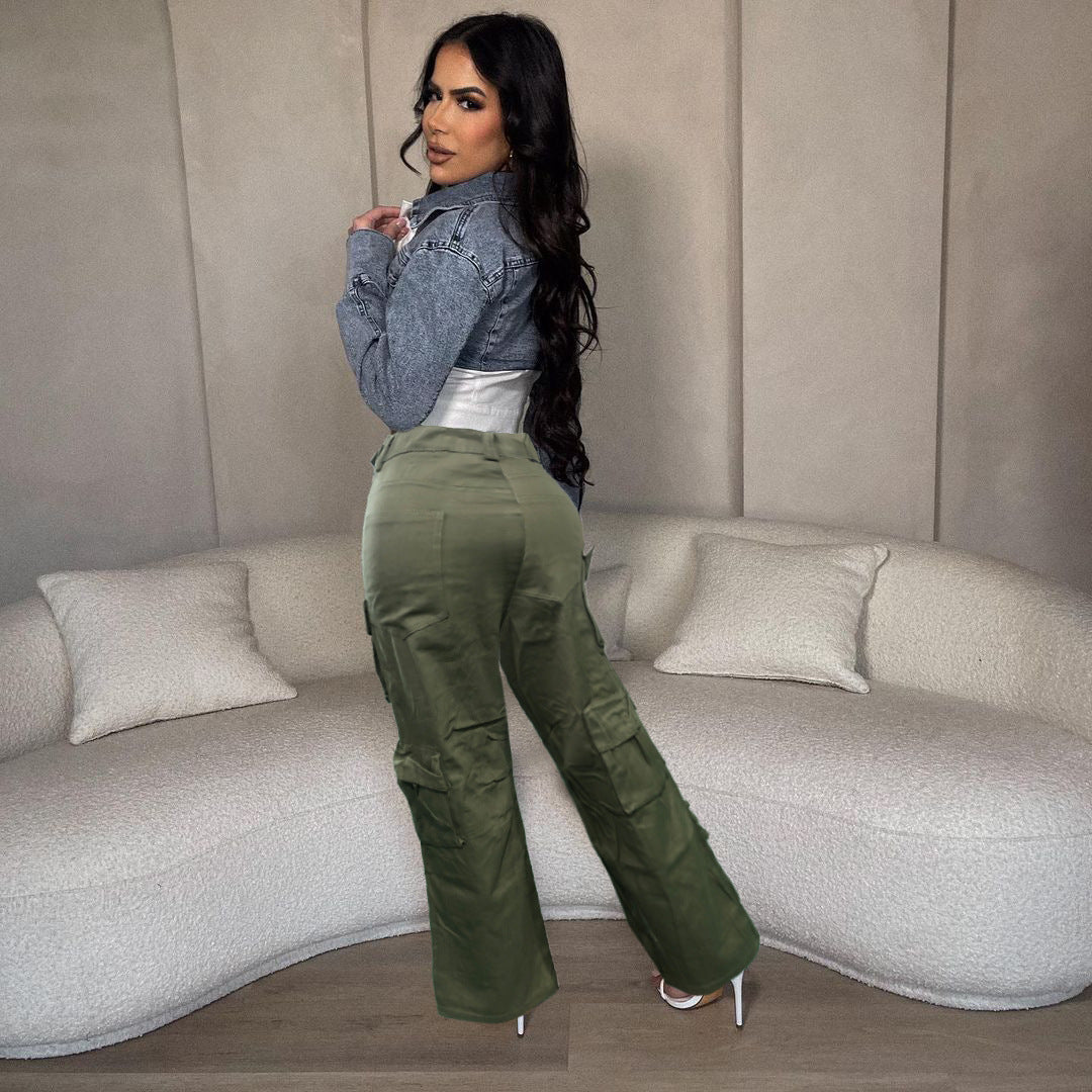 Women Pocket Cargo trousers Wide Leg Straight Washed Denim Pants 3