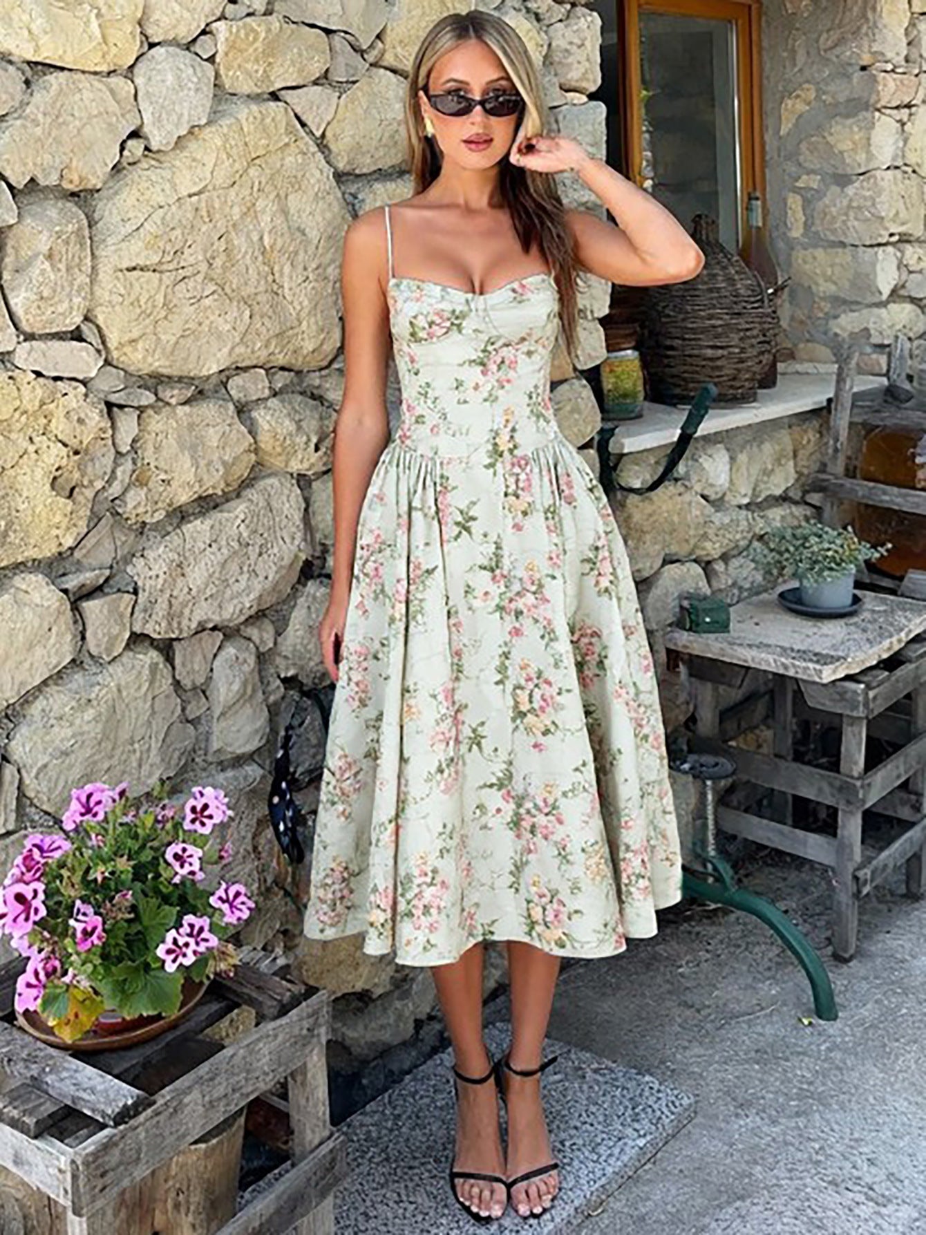 Summer Women's Chic Sexy Slim Waist Floral Strap Dress 4
