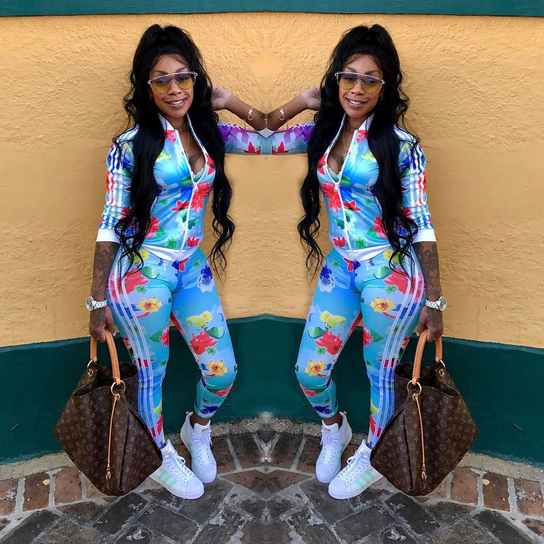 Autumn Printed Stripes Zipper Sports Two Piece Pants Set 3