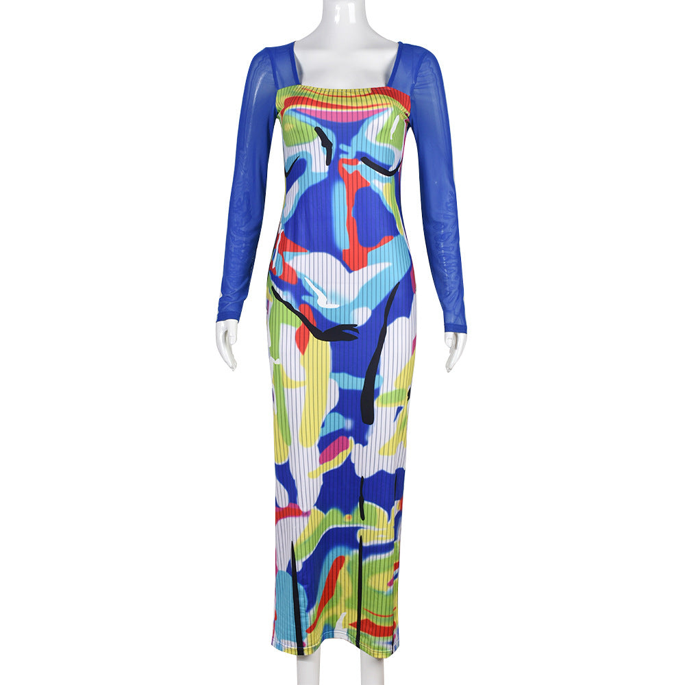 Women's Mesh Long Sleeve Square Neck Printed Dress 9