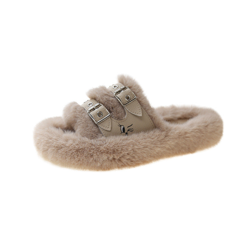 Women's Autumn And Winter Furry Slippers Outdoor Wear Retro Soft Sole Belt Buckle Slotted Furry Slippers 10
